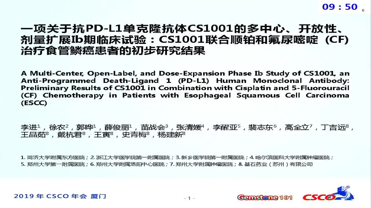 A Multi-Center, Open-Label, and Dose-Expansion Phase Ib Study of CS1001, an Anti-Programmed Death-Ligand 1 (PD-L1) Human Monoclonal Antibody (mAb): Preliminary Results from CS1001 in Combination with Cisplatin and 5-Fluorouracil (CF) Chemotherapy in Patie