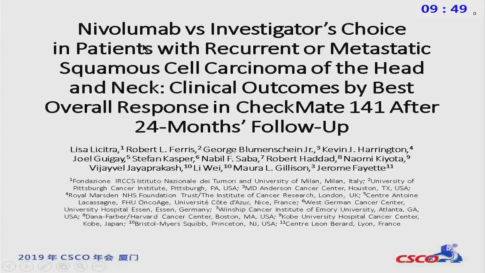新数据—Nivolumab vs Investigator’s Choice (IC) in Patients with Recurrent or Metastatic (R/M) Squamous Cell Carcinoma of the Head and Neck (SCCHN): Clinical Outcomes by Best Overall Response (BOR) in CheckMate 141 After 24-Months’ Follow-Up